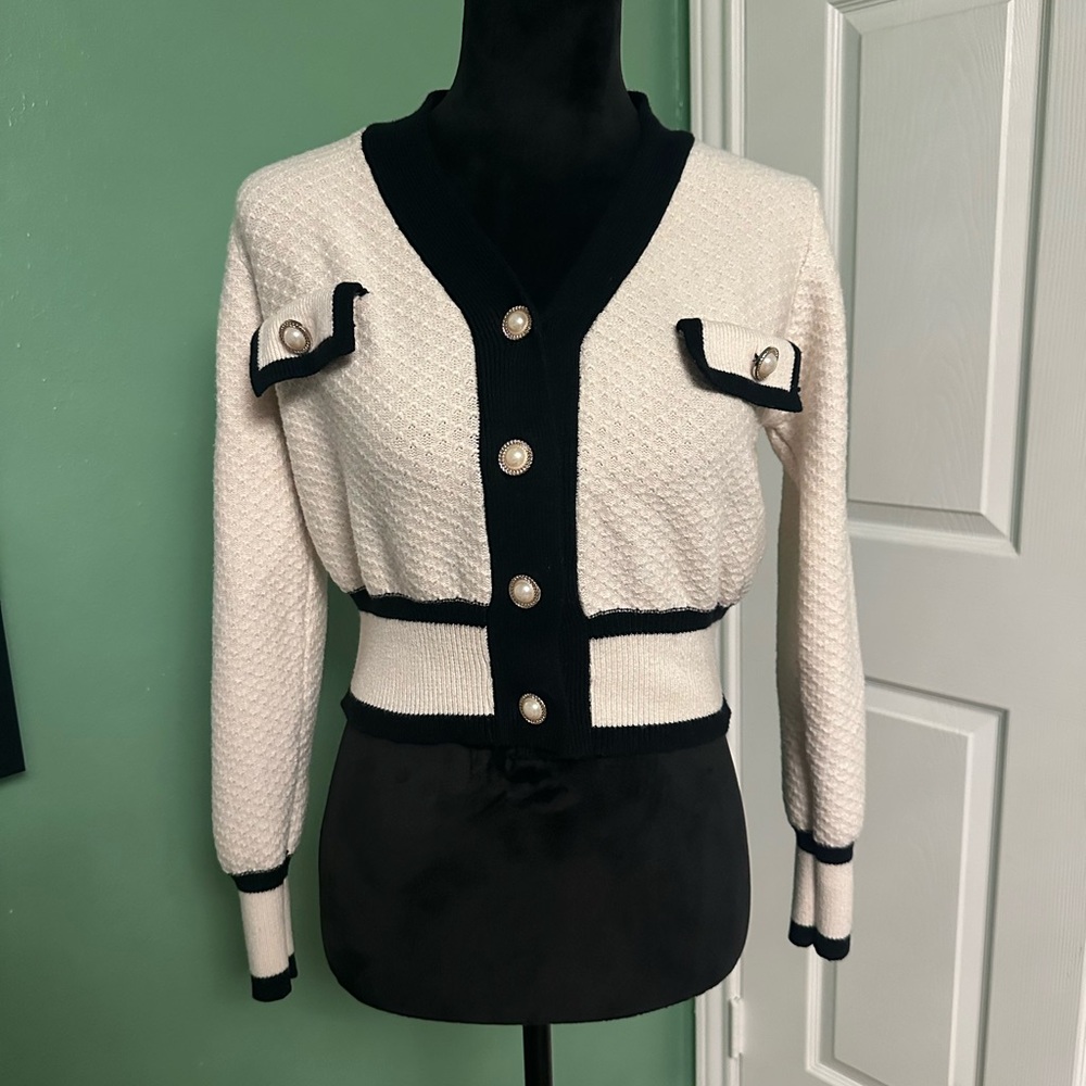 COPY - Black and cream cardigan with faux pearl buttons